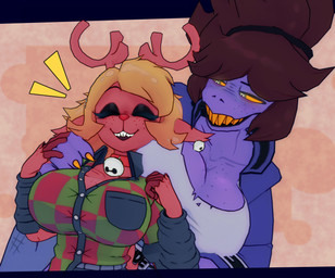 anthro antlers arm_warmers armwear big_breasts black_eyeshadow blonde_hair blue_arm_warmers blue_armwear blue_clothing breast_size_difference breasts brown_body brown_fur brown_hair buckteeth checkered checkered_clothing checkered_shirt checkered_topwear claws cleavage clothed clothing duo ear_piercing eyes_closed eyeshadow female female/female freckled_breasts freckled_face freckles fur glowing glowing_eyes hair horn jacket looking_at_another makeup messy_hair neck_bell non-mammal_breasts open_mouth pattern_clothing pattern_shirt pattern_topwear piercing pointy_ears ponytail purple_body purple_clothing purple_jacket purple_topwear sharp_teeth shirt smile smiling_at_another teeth tied_hair topwear white_clothing white_eyes white_shirt white_topwear yellow_sclera yellow_teeth cryptiacurves cryptiacurves_(modeler) deltarune undertale_(series) noelle_holiday susie_(deltarune) deer mammal new_world_deer reindeer reptile scalie 3d_(artwork) digital_media_(artwork) hi_res