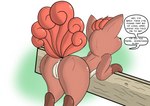 anus brown_body butt dialogue female feral genitals pussy raised_tail rear_view solo tail text softtailed nintendo pokemon generation_1_pokemon pokemon_(species) vulpix english_text hi_res