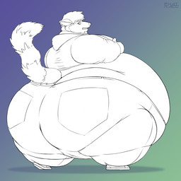 anthro belly belly_expansion big_belly big_butt body_inflation butt butt_expansion clenched_teeth clothed clothing ears_back expansion facial_hair facial_markings fur hair hand_on_moob head_markings hoodie huge_belly inflation looking_back male markings mask_(marking) moobs morbidly_obese obese overweight pivoted_ears rear_view ring_(marking) ringed_tail solo standing striped_markings striped_tail stripes swollen_cheeks tail tail_markings teeth topwear wide_hips worried phatracc mammal procyonid raccoon 1:1 hi_res