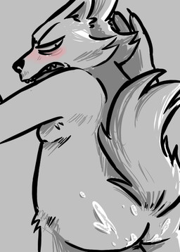 after_sex anthro biped blush bodily_fluids butt cum cum_in_ass cum_inside cum_on_butt fur genital_fluids grumpy half-closed_eyes looking_at_viewer looking_back male narrowed_eyes nude open_mouth raised_tail rear_view simple_background slightly_chubby solo standing tail teeth inkyfrog disney pack_street zootopia al_(weaver) fan_character canid canine canis mammal wolf digital_media_(artwork) restricted_palette
