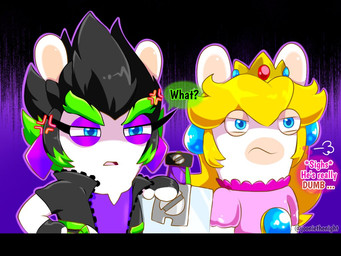 amethyst_(gem) angry anthro asking asking_another black_clothing black_hair black_handwear black_jacket black_mittens black_topwear blonde_hair blue_ear_piercing blue_eyes blue_pupils closed_frown clothed clothed_anthro clothed_female clothing cross crown duo ear_piercing eyebrows eyelashes female flat_chested frown fur gem green_eyebrows green_hair hair hand_on_sword handwear headgear insult jacket light long_ears long_hair melee_weapon mitten_hands mittens mouth_closed multicolored_body narrowed_eyes noseless open_clothing open_frown open_jacket open_mouth open_topwear piercing pink_clothing pink_shirt pink_tongue pink_topwear pupils purple_background purple_clothing purple_ear_piercing purple_eyelids purple_shirt purple_topwear question ruby_(gem) sapphire_(gem) shirt short_hair sigh simple_background speech_bubble spiky_hair squint standing sword tan_body tan_inner_ear tan_skin text tongue topwear torn_clothing torn_shirt torn_topwear two_tone_body weapon white_body white_fur jooniethenight mario_bros mario_plus_rabbids_kingdom_battle mario_plus_rabbids_sparks_of_hope nintendo raving_rabbids rayman_(series) ubisoft edge_(mario_plus_rabbids) rabbid_mario rabbid_peach lagomorph mammal rabbid 2023 4:3 artist_name crossover digital_drawing_(artwork) digital_media_(artwork) english_description english_text lighting shaded
