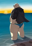 anthro beach belly big_butt blue_clothing blue_speedo blue_swimwear blush butt clothing eyebrows eyewear fur glasses hair jacket male overweight overweight_male ponytail seaside smile solo speedo sunset swimwear thick_eyebrows topwear water white_body white_fur 9dtq0 lifewonders tokyo_afterschool_summoners leib_(tas) bear mammal polar_bear ursine absurd_res hi_res