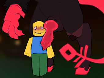 animal_genitalia animal_penis anthro balls black_body black_fur blue_clothing blue_shirt blue_topwear blurred_background blush bottomwear canine_genitalia canine_penis claws clothing duo fur genitals green_bottomwear green_clothing green_pants hooves humanoid_on_anthro hybrid_genitalia hybrid_penis imminent_sex interspecies knot knotted_penis long_tail male not_furry_focus pants penis penis_on_face red_claws red_tail shirt size_difference solo_focus tail topwear unguligrade yellow_body yellow_skin yasterwolly forsaken_(roblox) roblox guest_666_(forsaken) noob_(forsaken) demon humanoid robloxian 4:3 hi_res nonbinary_(lore)