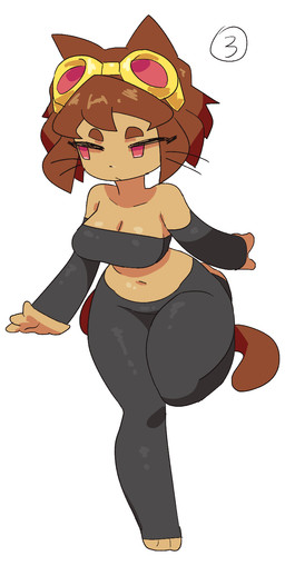 anthro armwear bottomwear breasts brown_body brown_hair clothing elbow_gloves eyebrows eyewear eyewear_on_head female gloves goggles goggles_on_head hair handwear midriff navel pants red_eyes solo whiskers neamo gameoverse glitch_productions kit_bodega domestic_cat felid feline felis mammal hi_res
