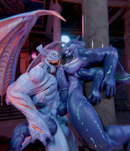 4_arms breasts face_to_face full_moon genitals glowing glowing_markings holding_legs_up intersex licking markings moon multi_arm multi_limb night oral penile penis penis_lick pinned pinned_to_wall sex tongue tongue_out xenomaker_(artist) leodamodeler_(modeler) xenomaker_(modeler) dota valve balanar_the_night_stalker animal_humanoid aquatic aquatic_humanoid fish fish_humanoid humanoid shark_humanoid 3d_(artwork) absurd_res blender_(artwork) blender_cycles_(artwork) digital_media_(artwork) hi_res