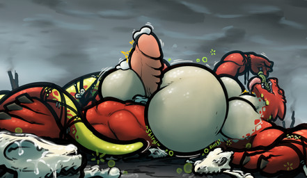 balls belly big_balls big_belly big_penis bodily_fluids bone cock_vore cum digestion digestion_noises genital_fluids genitals macro micro muscular oral_vore penile penis skull vore gwyvern g'aad_rylek lizard reptile scalie hi_res