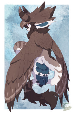 2_horns ambiguous_gender anthro black_claws blue_nose blue_pawpads brown_body brown_fur brown_hair brown_horn brown_wings claws fur hair horn pawpads red_eyes solo tail toe_claws wings mochiri avian mammal unknown_species absurd_res hi_res