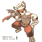 abs anthro biceps bottomwear clothing ear_piercing fur green_eyes hair male muscular muscular_anthro muscular_male pants pecs piercing pose shirtless_male smile solo white_body white_fur ainro elysium_above dong_xuan canid canine canis domestic_dog mammal 1:1