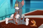 anthro candy chocolate dessert duo eyebrows food looking_aside looking_down male sitting spread_legs spreading surprise surprised_expression thick_eyebrows what whiskers atori metro-goldwyn-mayer tom_and_jerry jerry_mouse thomas_cat domestic_cat felid feline felis mammal mouse murid murine rodent