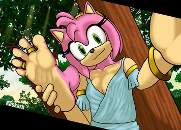 accessory anthro barefoot bracelet camera_view countershade_feet countershade_torso countershading detailed_background digit_ring feet female first_person_view foot_focus foot_grab forest gold_(metal) gold_jewelry green_eyes headband humanoid_feet jewelry pink_body plant plantigrade ring selfie smile soles solo toe_ring toes tree wrinkled_feet wrinkles kaskarb sega sonic_the_hedgehog_(series) amy_rose eulipotyphlan hedgehog mammal hi_res