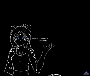 aged_up anthro arm_tuft black_background blue_eyes breasts chest_tuft clothing crop_top dialogue female hand_behind_back looking_at_viewer midriff shirt shoulder_tuft simple_background smile solo spots tail text topwear tuft jordanos21 twokinds maeve_riftwall felid keidran mammal pantherine snow_leopard english_text half-length_portrait monochrome portrait spot_color
