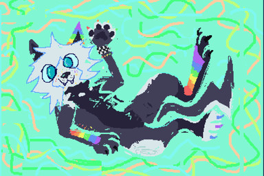 ambiguous_gender beaded_jewelry beads blue_eyes feral fur gesture grey_body grey_fur jewelry kandi_(jewelry) looking_at_viewer markings multicolored_body multicolored_ears multicolored_fur multicolored_markings rainbow_ears rainbow_markings smile solo sparklefur toony waving waving_at_viewer white_body white_fur demensa canid canine canis domestic_dog mammal 2025 3:2 digital_media_(artwork) full-length_portrait hi_res pixel_(artwork) portrait