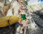 areola breasts clothing exposed_breasts female front_view neck_tuft nipples open_mouth plant rock sky solo tree tuft umbrella blackdragontemeraire armello league_of_geeks amber_(armello) lagomorph leporid mammal rabbit 3d_(artwork) digital_media_(artwork)