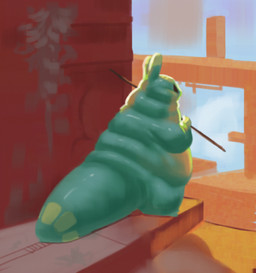 ambiguous_gender big_tail black_eyes feral glistening glistening_body green_body improvised_weapon melee_weapon overweight polearm shadow solo spear tail weapon citrusslugcat rain_world videocult citrus_(slugcat) slugcat low_res