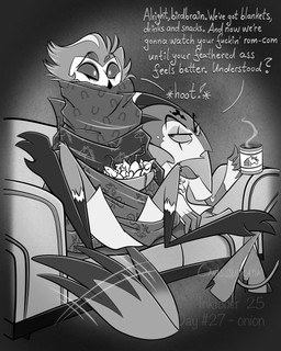 anthro bedding blanket bottomwear bowl canon_couple claws clothed clothing container cup dialogue duo feathers furniture holding_container holding_cup holding_mug holding_object hoot_(sound_effect) horn male mouse_tail mug multi_eye on_sofa shirt shorts sitting sitting_on_sofa sofa steam tail tail_feathers text topwear wrapped_in_blanket wrapped_up atimon hellaverse helluva_boss blitzo_(helluva_boss) stolas_(helluva_boss) avian bird demon demon_humanoid horned_humanoid humanoid imp mammal mouse murid murine owl owl_demon rodent 2025 hi_res signature