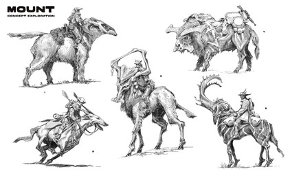 ambiguous_feral ambiguous_gender antlers beard bent_leg bent_legs black_beard black_facial_hair black_hooves black_tongue boots bottomwear closed_frown clothed clothed_human clothed_male clothing coat curved_horn facial_hair fangs feral footwear frown fully_clothed fully_clothed_human fully_clothed_male fur grass grey_antlers grey_body grey_boots grey_bottomwear grey_clothing grey_coat grey_footwear grey_fur grey_hat grey_headwear grey_pants grey_skin grey_tail grey_topwear group hat hat_feather headgear headwear holding_reins hooves horn knee_pads larger_ambiguous larger_feral light long_horn loose_feather male male_human mouth_closed open_mouth pants plant quadruped riding running saddle saddle_bag shadow_face shoes simple_background sitting sitting_on_another size_difference smaller_human smaller_male tail teeth text tongue topwear unguligrade white_background danny_gardner highguard_(game) antelope bovid bovine canid canine caprine gazelle human mammal sheep unknown_species 2026 absurd_res concept_art digital_drawing_(artwork) digital_media_(artwork) english_description english_text greyscale hi_res lighting monochrome official_art shaded