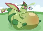 ambiguous_gender belly big_belly big_tail cherry disembodied_hand duo feral food force_feeding forced fruit huge_belly huge_tail hyper hyper_belly male obese obese_male overweight overweight_male plant poke_puff sitting solo_focus sound_effects stuffing tail text thick_tail thick_thighs wings de-flator nintendo pokemon flygon generation_3_pokemon pokemon_(species) hi_res