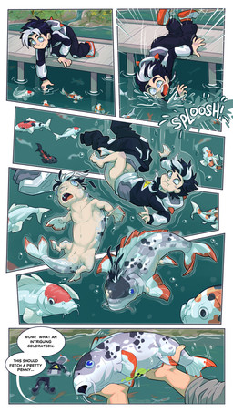 ambiguous_gender black_hair blue_eyes bottomwear bridge clothing dialogue feral footwear forced forced_transformation genitals grey_eyes grey_hair group hair holding_character hoodie human_to_feral male open_mouth pants shoes smile species_transformation text topwear transformation transformation_sequence underwater vulva water mkiiiconvertible amur_carp aquatic carp cyprinid cypriniform fish human koi mammal typical_carp 2025 absurd_res comic digital_media_(artwork) english_text hi_res