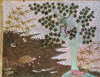 ambiguous_gender beak feathers feral fur group in_tree leaf multicolored_body multicolored_feathers outside plant pond reeds scales shell standing_on_tree swimming tail tree water unknown_artist kalila_wa_dimna anatid anseriform aquatic avian bird duck fish haplorhine mammal monkey primate reptile scalie turtle 15th_century ancient_art english_description hi_res