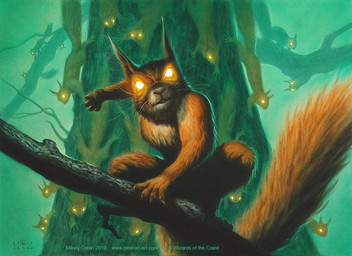 5_fingers ambiguous_gender brown_body brown_fur crouching feral fingers fur glowing glowing_eyes group looking_at_viewer nude plant solo_focus tail tree whiskers milivoj_ceran hasbro magic:_the_gathering wizards_of_the_coast mammal rodent sciurid tree_squirrel 2019 official_art