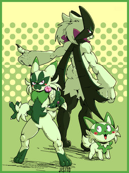 abstract_background ambiguous_gender anthro biceps blush blush_stickers cape claws clothing evolutionary_family facial_markings featureless_crotch feral fur gesture green_body green_fur group hand_gesture head_markings leg_markings markings mask mask_(marking) muscular muscular_anthro neck_tuft pink_eyes pointing pointing_at_viewer pokemorph short_tail socks_(marking) tail trio tuft yo-yo jisito nintendo pokemon felid feline floragato generation_9_pokemon mammal meowscarada pokemon_(species) sprigatito 3:4