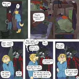 5_panel_comic anthro barefoot bed bedroom black_hair blonde_hair blue_eyes bottomwear brown_eyes clothed clothing confusion cuff_(restraint) curtains dialogue doorway duo feet flannel_shirt fur furniture grey_body grey_fur hair handcuffs hoodie inside lamp logo male messy_room metal_cuffs pants pillow question_mark restraints shocked speech_bubble tail text toothy_grin topwear yellow_body yellow_fur kriek_wildebeest jeremy_(kriek_wildebeest) tom_(kriek_wildebeest) border_collie canid canine canis collie domestic_dog herding_dog husky hybrid mammal nordic_sled_dog pastoral_dog sheepdog spitz wolf 1:1 artist_logo comic english_text hi_res multiple_scenes