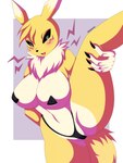 absurd_res anthro aquakey bandai_namco big_breasts black_sclera blue_eyes blush bodily_fluids breasts camel_toe canid canine clothed clothing digimon digimon_(species) digital_media_(artwork) female fur hair hi_res looking_at_viewer mammal nude open_mouth presenting renamon simple_background solo spread_legs spreading white_body white_fur yellow_body yellow_fur
