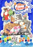 anthro bikini clothed clothing female group kemono swimwear text two-piece_swimsuit sibaketsu canid canine canis domestic_dog mammal pit_bull english_text hi_res traditional_media_(artwork)