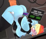 3d_(artwork) ahegao anthro anthrofied areola ass_up bdsm big_butt biped blue_body blush bondage bound breasts butt clothing digital_media_(artwork) equid equine female female_penetrated friendship_is_magic hasbro hi_res jack-o'_pose legwear looking_pleasured mammal my_little_pony mythological_creature mythological_equine mythology nipples pegasus penetration pose purplefondue rainbow_dash_(mlp) text thick_thighs thigh_highs wings