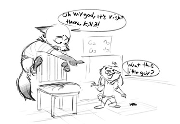 ambiguous_gender anthro chair clothed clothing dialogue feral fully_clothed fur furniture gesture group hand_gesture open_mouth pointing question_mark speech_bubble text trio ahappypichu-mod disney zootopia judy_hopps nick_wilde arachnid arthropod canid canine fox lagomorph leporid mammal rabbit red_fox spider true_fox english_text monochrome