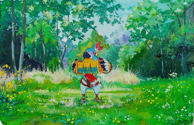 accordion anthro blue_body blue_feathers feathers flower forest grass male musical_instrument plant sky tree yellow_chest robbiepanda breath_of_the_wild ghibli nintendo the_legend_of_zelda kass_(tloz) avian bird rito painting_(artwork) watercolor_(artwork)