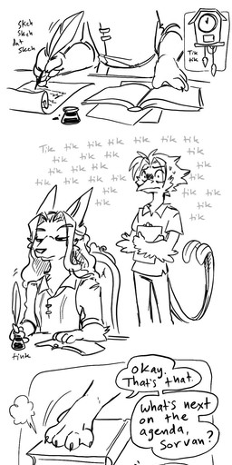 anthro bodily_fluids butler chair clipboard clock clothed clothing collar control_collar dialogue duo fantasy fully_clothed furniture hair hypnotic_device ink inside long_hair long_tail_feathers male male/male medieval nervous nervous_sweat noble on_chair shy simple_background sitting sitting_on_chair speech_bubble sweat talking_to_another text white_background pineconepaladin dungeons_and_dragons hasbro wizards_of_the_coast elliot_(zentawinds) sorvan_(zentawinds) avian canid canine fox mammal paradise_flycatcher 2025 absurd_res comic english_description english_text hi_res long_image monochrome multiple_scenes tall_image