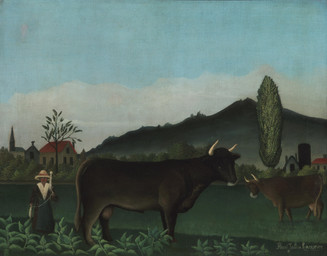 2_horns animal_genitalia balls building clothed clothed_human clothing cloud detailed_background dress female female_feral feral fully_sheathed genitals group hat headgear headwear hill holding_object hooves horn house male male_feral outside plant quadruped sheath shrub side_view sky standing tail tail_tuft teats tree trio tuft udders unguligrade henri_rousseau public_domain bovid bovine cattle human mammal 19th_century absurd_res ancient_art hi_res oil_painting_(artwork) painting_(artwork) signature traditional_media_(artwork) traditional_painting_(artwork)
