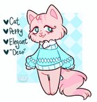 :3 anthro clothing eyelashes female fluffy fluffy_tail fur paws pink_body pink_fur smile solo standing sweater tail text toony topwear nullkunstt animal_crossing hasbro littlest_pet_shop nintendo lps_460 domestic_cat felid feline felis mammal persian_cat tabby_cat english_text hi_res