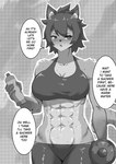 abs anthro beverage blush bodily_fluids bra clothing dialogue dumbbell duo female gym hair male male/female muscular muscular_anthro muscular_female short_hair sports_bra sweat text tomboy topwear underwear weights kimino_freewings alfin_kendaichi pekky_reinhard domestic_cat felid feline felis human humanoid mammal comic english_text hi_res monochrome