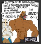 abs anthro armor beard biceps big_bulge blonde_hair brown_body brown_eyes brown_fur bulge chad_(meme) clothed clothing comic crossed_arms da3rd dialogue digital_media_(artwork) duo english_text equid equine ernest_khalimov facial_hair fur gigachad hair headgear helmet hi_res horse huge_bulge human male mammal meme muscular muscular_anthro muscular_male open_mouth paladin pecs simple_background speech_bubble teeth text tongue yelling