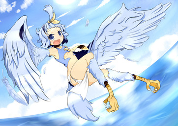 blue_eyes bottomwear clothed clothing cloud feathered_wings feathers feet female flying horizon loincloth monster_girl_(genre) open_mouth outside sea skimpy sky solo sun talons toes water wings inutokage european_mythology greek_mythology mythology avian harpy humanoid mythological_avian mythological_creature winged_humanoid hi_res