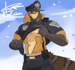 abs anthro biceps clothed clothing male muscular muscular_anthro muscular_male nipples peak pecs police solo crimenes accipitrid accipitriform avian bird eagle hi_res