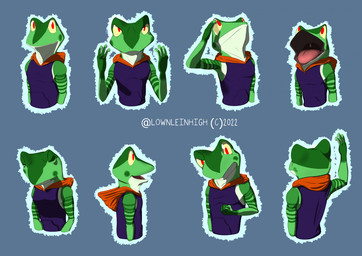 anthro clothing countershade_face countershade_neck countershade_torso countershading gaping_mouth green_body hoodie male markings open_mouth rear_view red_eyes side_view striped_markings stripes tongue topwear uvula yellow_sclera lownleinhigh wralf_airrick_rockhold amphibian frog tree_frog 2022 expression_sheet portrait signature three-quarter_portrait