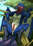 anthro beak erection feathered_wings feathers genitals in_tree looking_at_viewer male penis plant profile scenery smile solo tail tail_feathers tree wings syrinoth avian bird hirundinid oscine passerine swallow_(bird)