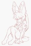 4_toes 5_fingers anthro breasts clothed clothing ear_tuft feet female female_anthro fingers food fully_clothed hair kemono long_hair looking_at_viewer navel popsicle shirt sitting small_breasts solo toes topwear tuft fish7163 canid canine fennec_fox fox mammal true_fox 2020 monochrome