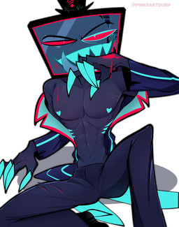 4_fingers abs abstract_background athletic athletic_humanoid athletic_male blood blue_body blue_eyes blue_skin bodily_fluids broken_screen claws clothed clothing electronics finger_claws fingers for_a_head hat headgear headwear heart_nipples looking_at_viewer male nipples off_shoulder open_mouth open_smile pecs pupils red_sclera screen screen_face sharp_teeth simple_background sitting slit_pupils smile solo teeth television text top_hat pinksartdump hazbin_hotel hellaverse vox_(hazbin_hotel) demon demon_humanoid humanoid object_head screen_head tv_head 2025 absurd_res artist_name digital_drawing_(artwork) digital_media_(artwork) hi_res watermark
