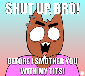 anthro big_breasts breasts brown_body brown_fur clothing collar ear_piercing ear_ring eyebrows eyelashes fangs female fur gradient_background head_tuft logo piercing ring_piercing shirt simple_background solo spherical_breasts spiked_collar spikes teeth text thick_eyebrows topwear tuft thatdawgmurray bressie_(thatdawgmurray) canid canine canis domestic_dog mammal aliasing artist_logo artist_name digital_media_(artwork) english_text hi_res meme signature