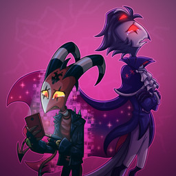anthro bodily_fluids cape cellphone clothing crossed_arms crying depression duo electronics formal_clothing formal_wear frown fur grey_body grey_fur grey_hair hair holding_object holding_phone horn jacket looking_up male phone pink_background red_body red_clothing red_eyes red_shirt red_skin red_topwear sad shirt short_hair simple_background smartphone standing tears topwear white_face yellow_eyes sandystworm hellaverse helluva_boss blitzo_(helluva_boss) stolas_(helluva_boss) avian bird imp owl owl_demon 1:1 absurd_res hi_res