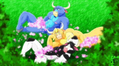 abs anthro biceps big_muscles black_body black_fur blue_body blue_fur field fur grass group group_sex hair hooves horn inviting looking_at_viewer lying male muscular muscular_anthro muscular_male nipples nude on_back outside plant sex threesome trio fabfelipe wild_west_c.o.w.-boys_of_moo_mesa marshal_moo_montana the_cowlorado_kid the_dakota_dude bovid bovine cattle dairy_cattle holstein_friesian_cattle mammal 2011 censored