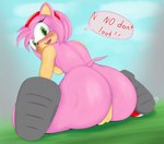 amy_rose anthro anus big_butt blush blushing_profusely breasts butt clothing cloud dialogue english_text eulipotyphlan eyelashes female footwear footwear_only fur fur_tuft genitals glistening glistening_body grass hair head_tuft headgear headwear hedgehog hi_res looking_at_viewer looking_back low-angle_view mammal mostly_nude multicolored_body open_mouth outside plant pussy rear_view sega shoes shoes_only side_boob sitting sky small_nose small_tail solo sonic_the_hedgehog_(series) sp_advanced speech_bubble surprised_expression tail teeth text tongue tuft