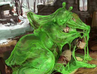 clothed clothing cuddling dripping duo eyestalks faceless_character female fully_clothed green_body hug male male/female narrowed_eyes not_furry on_top outside slime snow stretching thick_thighs translucent zarzaliel goo_creature goo_humanoid human humanoid mammal absurd_res hi_res