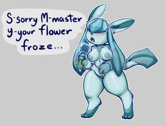 anthro anthrofied blue_hair blue_nipples blush breasts buckteeth dialogue digitigrade dipstick_tail ear_tuft female flower genitals gloves_(marking) hair hair_over_eyes holding_object leg_markings markings master nipples nude nude_anthro nude_female outline plant pokemorph simple_background socks_(marking) solo speech_bubble standing tail tail_markings talking_to_viewer teeth text thick_thighs tuft vulva white_outline creamedpufff nintendo pokemon eeveelution generation_4_pokemon glaceon pokemon_(species) 2021 english_text hi_res