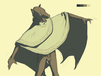 animal_genitalia anthro balls clothing fingers fur genitals humanoid_hands male open_mouth penis poncho sheath solo winged_arms wings slate bat mammal 2020