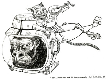ambiguous_gender anthro duo female fur holding_lute looking_up simple_background smile spacesuit tail text white_background carl_quist_moller ape domestic_cat felid feline felis gorilla haplorhine mammal primate 2015 english_text hi_res traditional_media_(artwork)